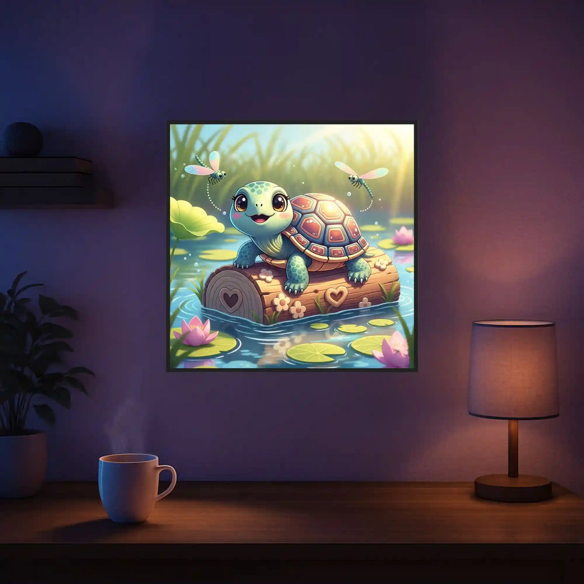 Diamond Painting Set Karla: Niedliche Schildkröte mit Seerosen und Libellen im bunten Teich-Design auf 40x40cm Leinwand.