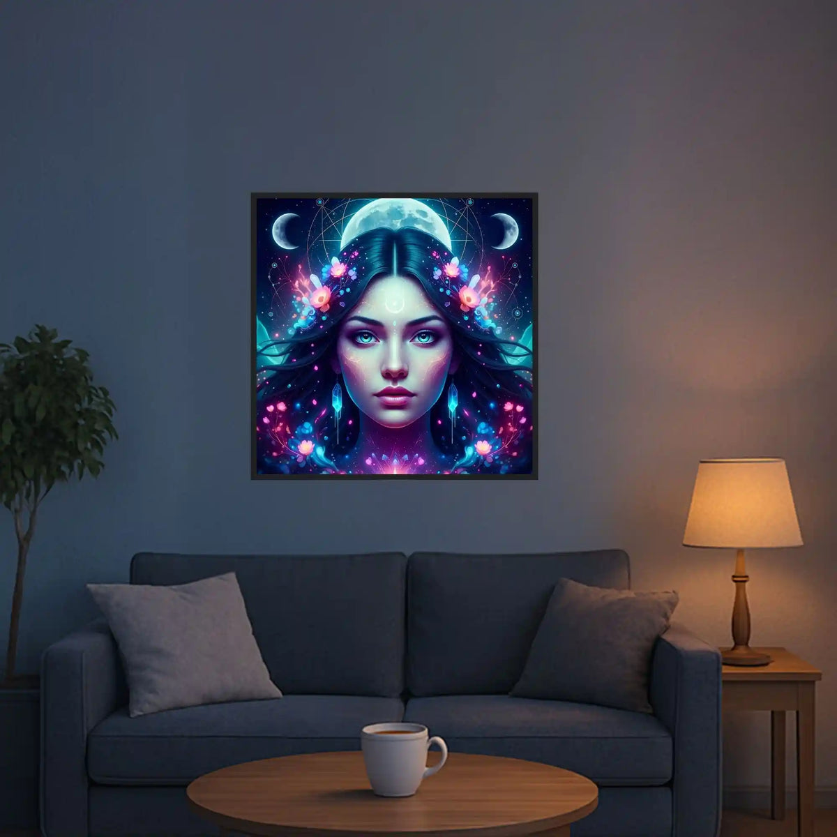 Diamond Painting Mondprinzessin mit leuchtenden Blumen und Mond im Fantasy-Stil als fertiges Wandbild über einem Sofa.