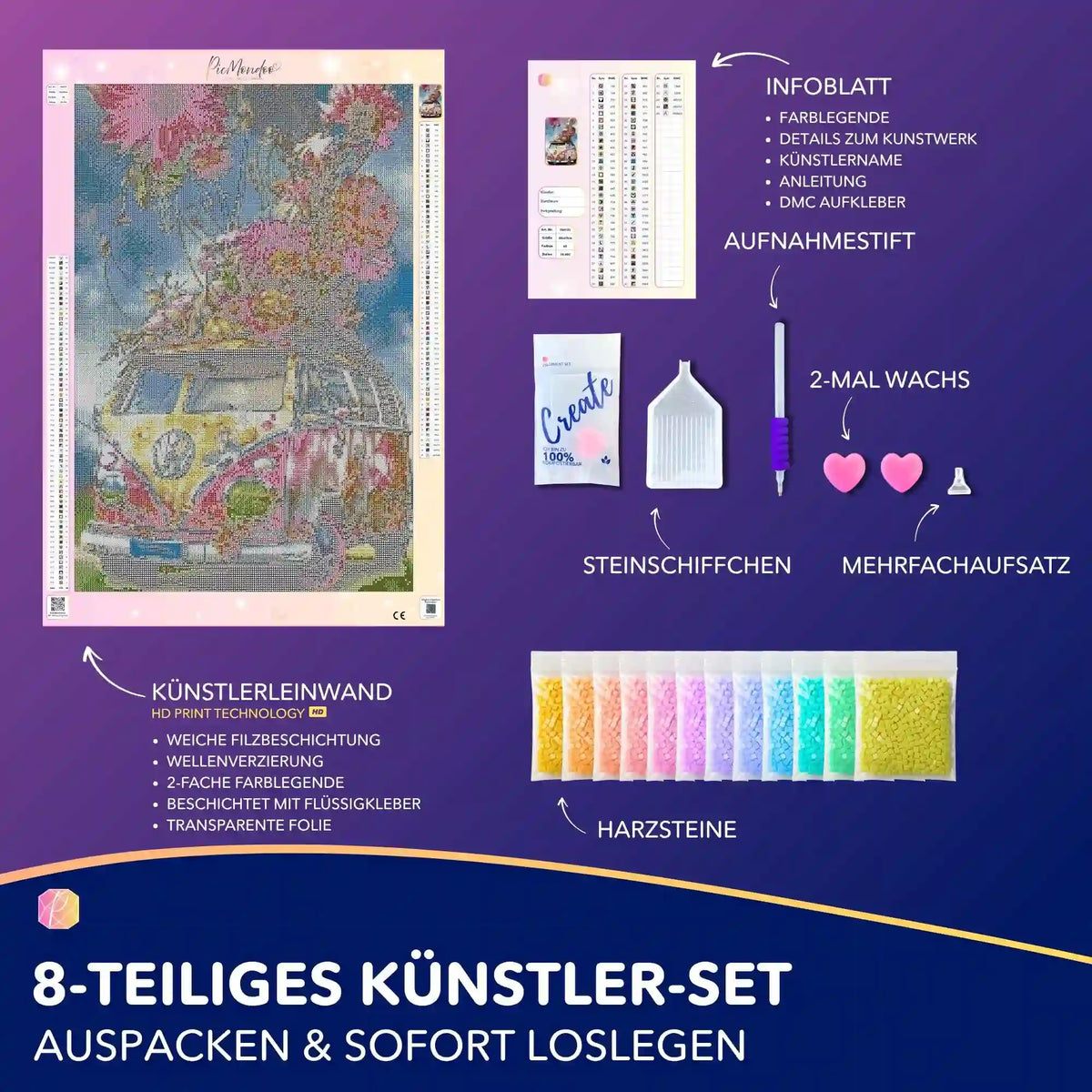 Diamond Painting Set Flower Power Bully mit Leinwand, bunten Harzsteinen und Zubehör für DIY-Kunstwerke