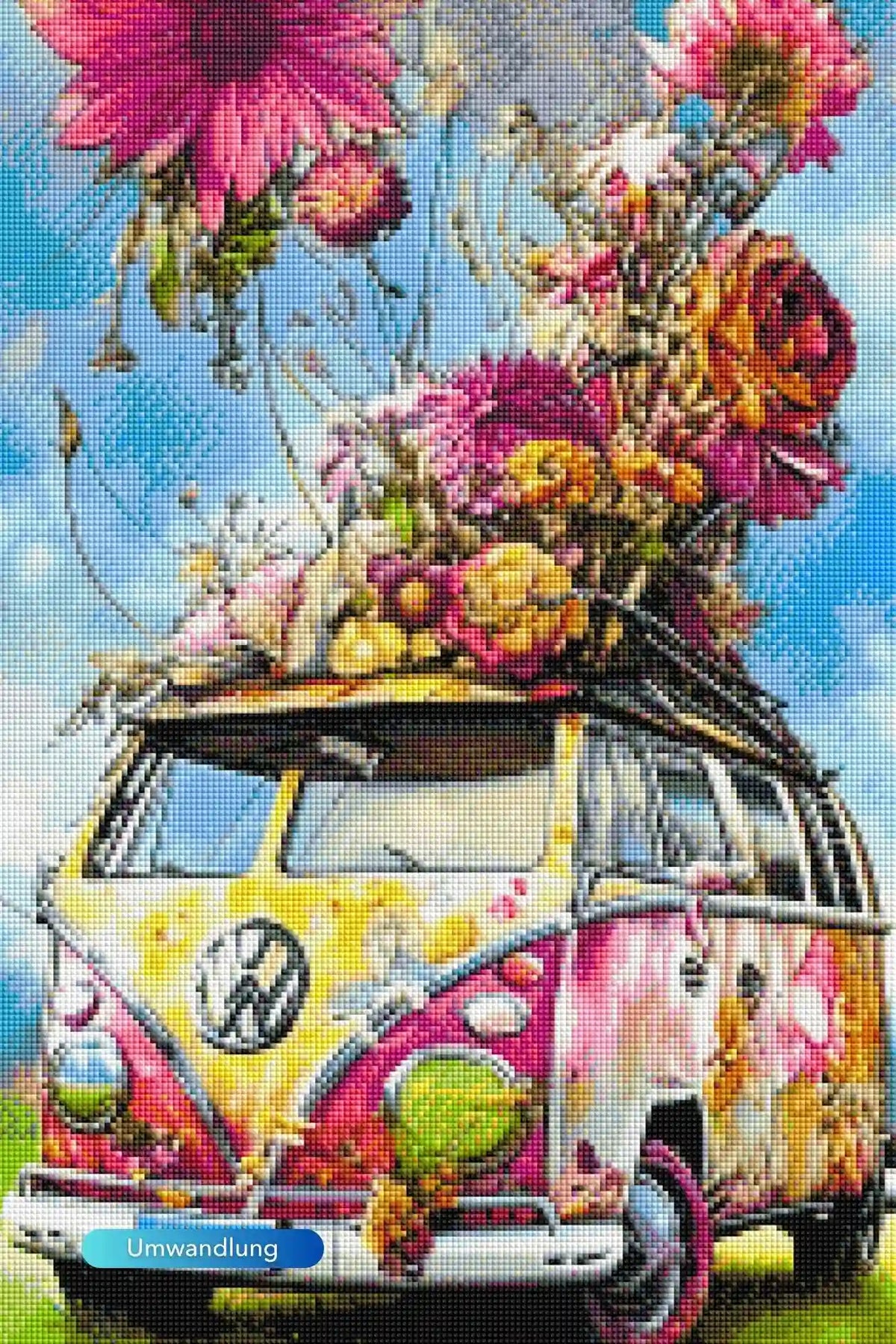 Diamond Painting Set mit buntem VW Bulli und prächtigen Blumen. Kreatives DIY-Kunstwerk für Diamond Painting Fans.