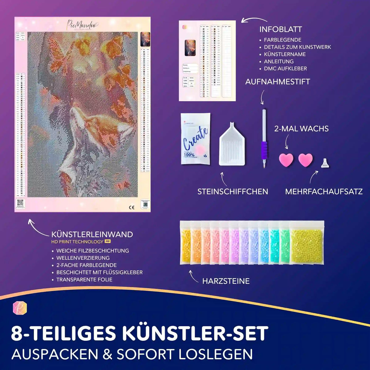 Diamond Painting Set Fuchs im Herbst-Wald mit Leinwand, bunten Harzsteinen und Zubehör für DIY Kunstwerke.