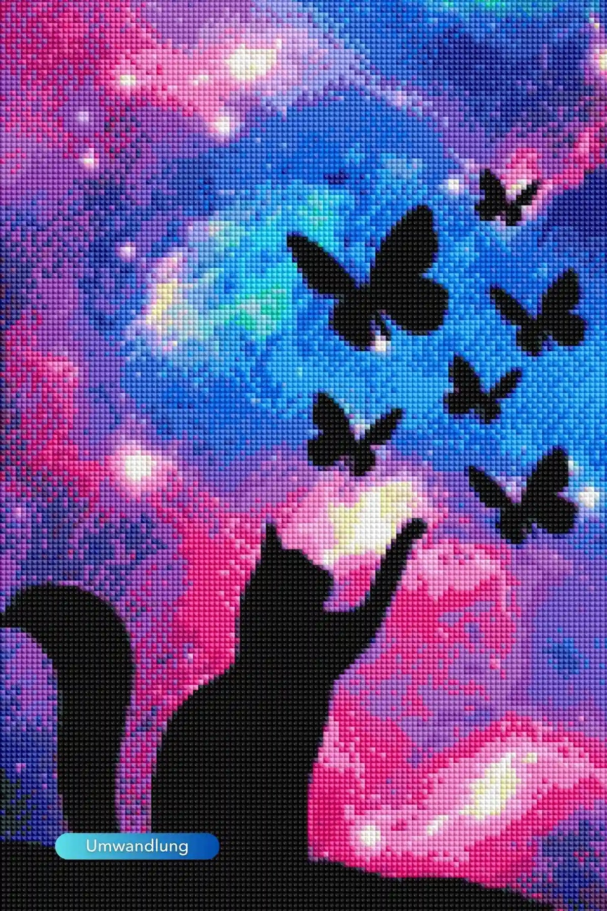Diamond Painting Leuchtbild mit Katze und Schmetterlingen im bunten lila-rosa Galaxie-Design zum Selbermachen