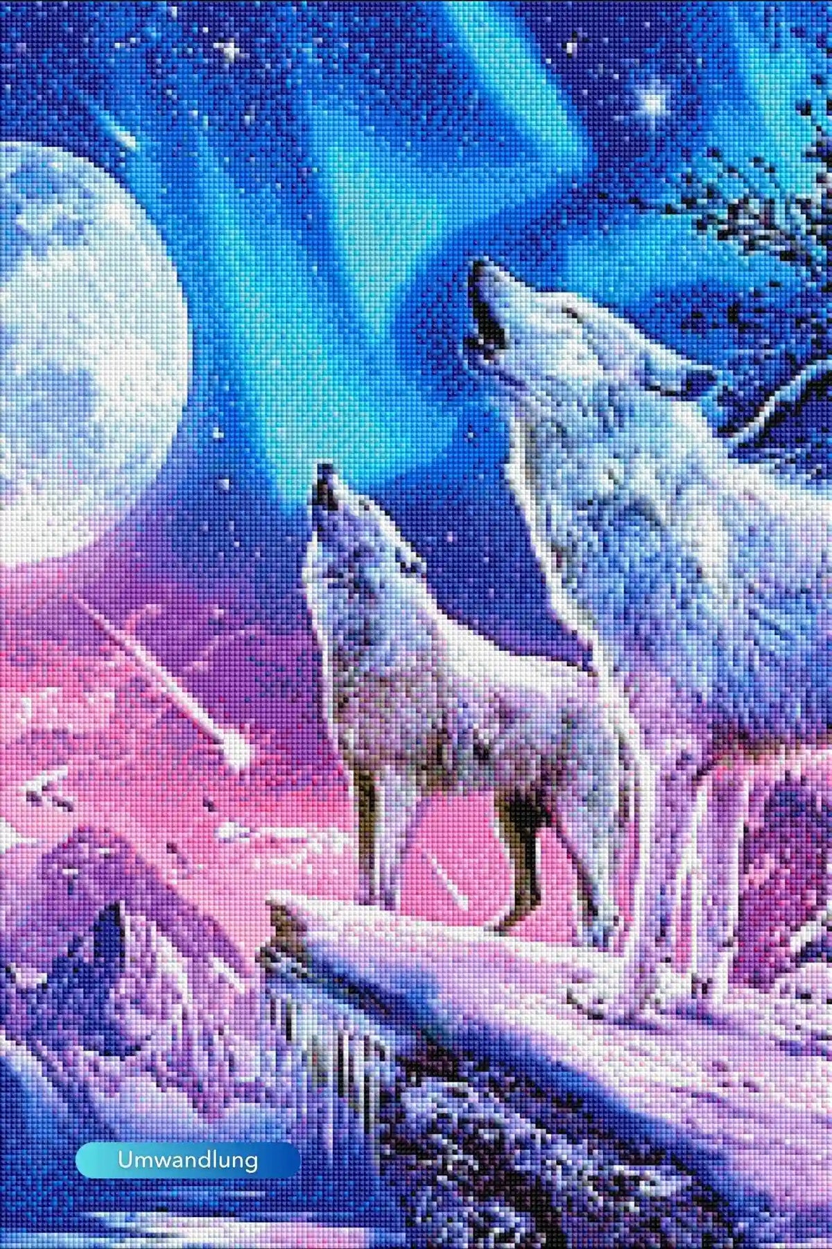 Diamond Painting Leuchtbild mit zwei Wölfen vor Vollmond, Polarlichtern und Winterlandschaft in Pink und Blau