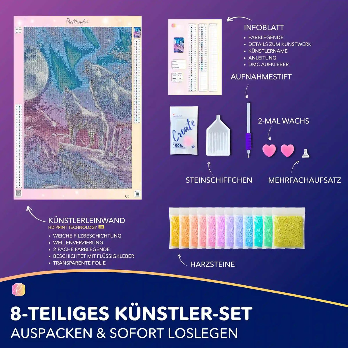 Diamond Painting Set Leuchtbild Wölfe im Winter mit Zubehör wie Harzsteinen, Stift und Leinwand in 40x60cm