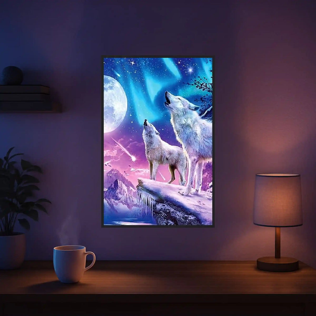 Leuchtendes Diamond Painting Set Wölfe im Winterland mit Mond, Polarlicht und Glitzersteinen als Wanddeko