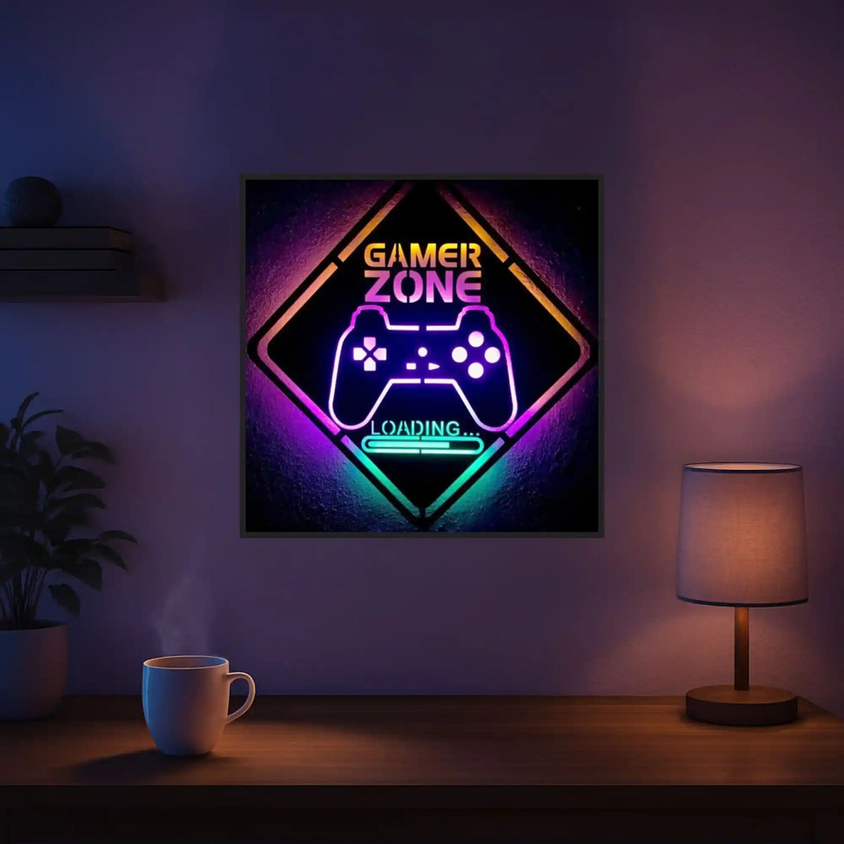 Diamond Painting Leuchtbild Gamer Zone mit Controller Motiv und leuchtenden Steinen im quadratischen 50x50cm Format