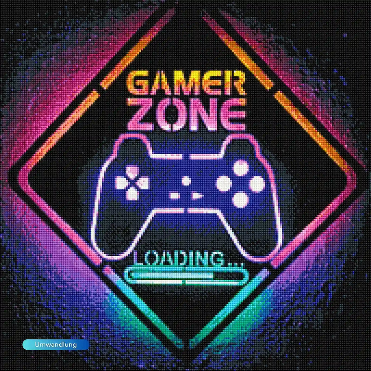 Diamond Painting Leuchtbild Gamer Zone mit Controller-Motiv, leuchtenden Neon-Farben und 50x50cm Leinwand.