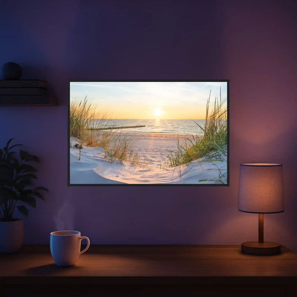 XXXL Diamond Painting Set: Idyllischer Strand am Sonnenuntergang als Wandbild in gemütlicher Wohnzimmerkulisse