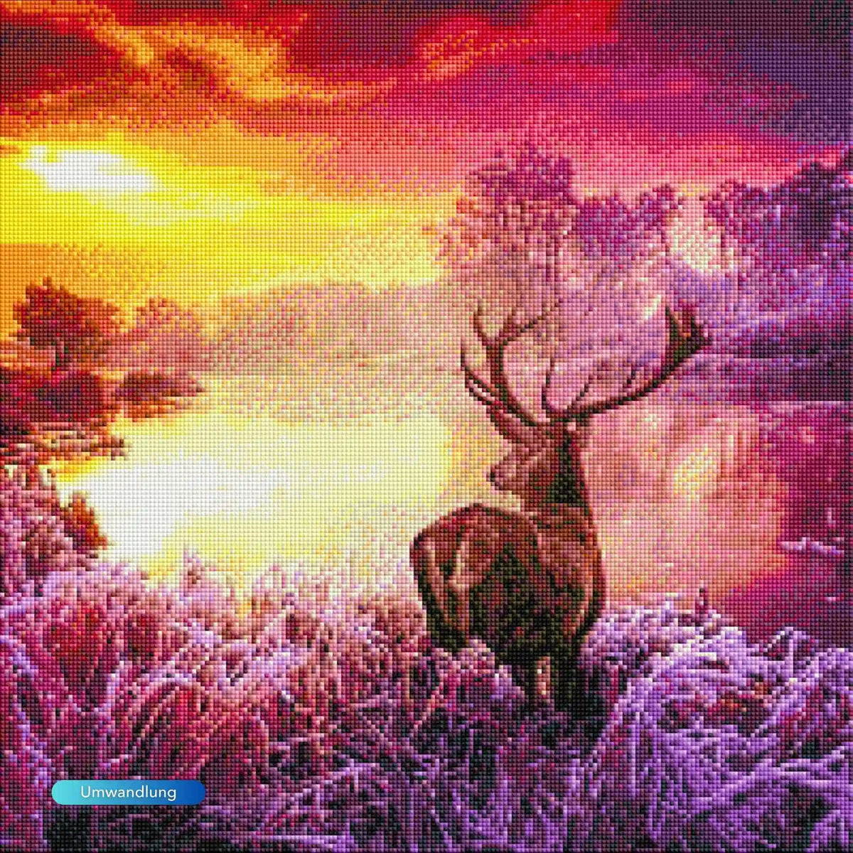 Diamond Painting Set Hirsch im Sonnenaufgang mit quadratischen Steinen. Bunte Naturszene mit Reh am See, 50x50cm.