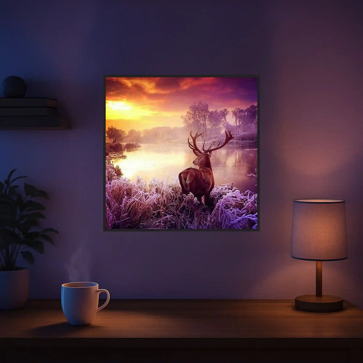 Diamond Painting Set Hirsch im Sonnenaufgang an der Wand als fertiges Kunstwerk mit glänzenden Steinen