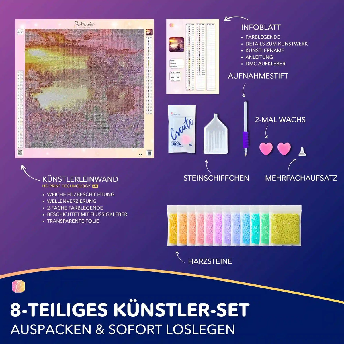 Diamond Painting Set Hirsch im Sonnenaufgang mit Leinwand, quadratischen Steinen und professionellem Zubehör