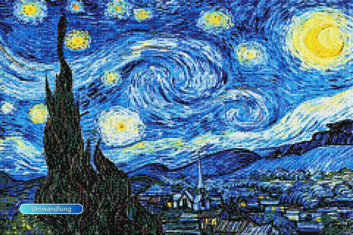 Diamond Painting Set Sternennacht von Van Gogh mit funkelnden quadratischen Steinen auf 40x60cm Leinwand.
