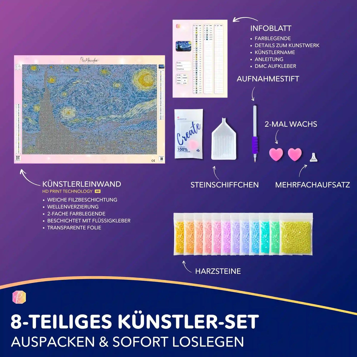 Picmondoo Diamond Painting Set Sternennacht von Van Gogh mit Leinwand, quadratischen Harzsteinen und Zubehör-Set.