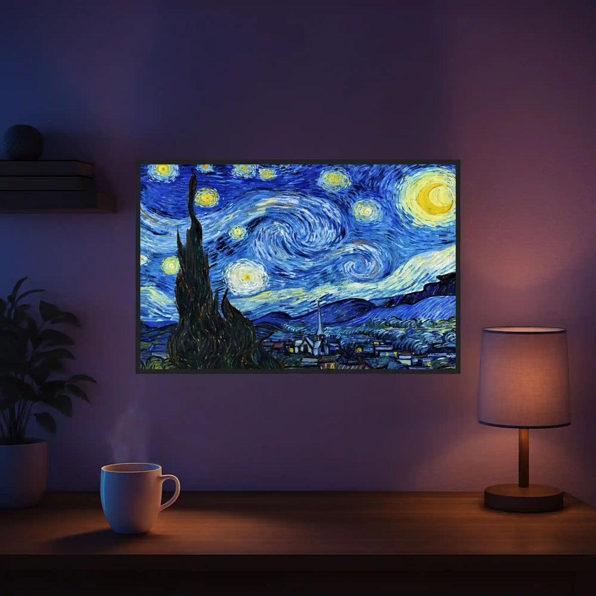 Diamond Painting Set Van Gogh Sternennacht als gerahmtes Wandbild in einem gemütlich beleuchteten Wohnraum