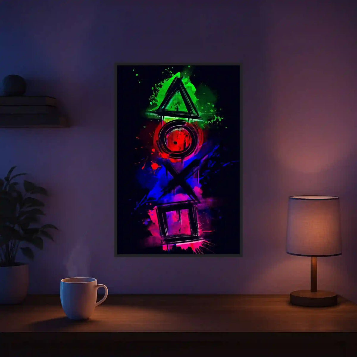 Diamond Painting Leuchtbild mit Gamer-Motiv Play The Game und farbenfrohen, leuchtenden Steinen in dunklem Raum
