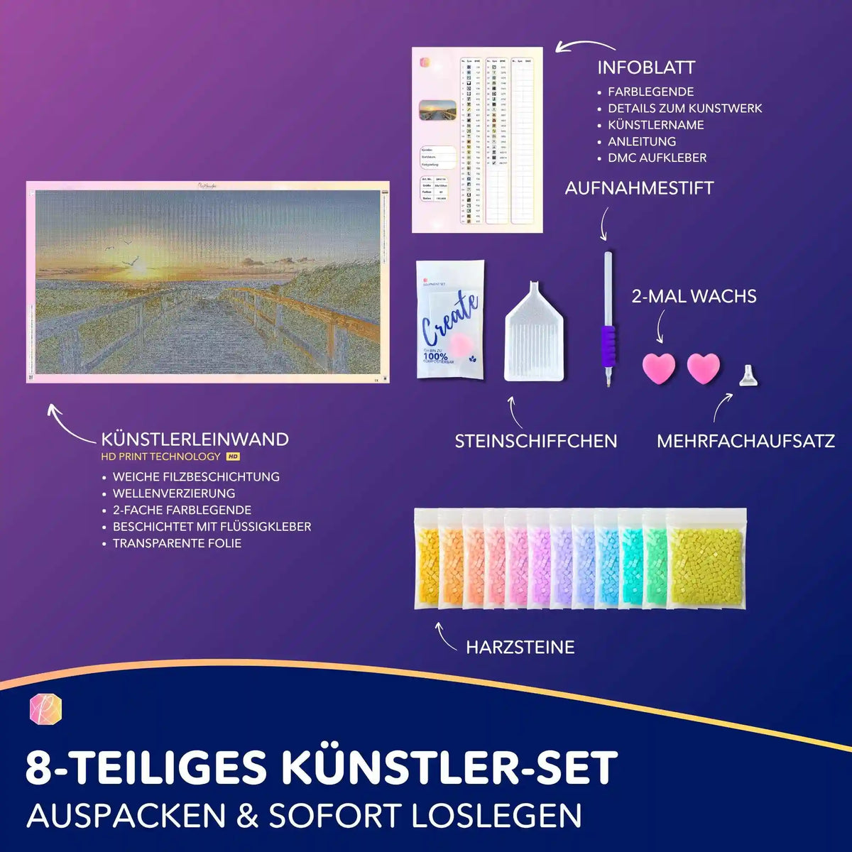 Diamond Painting Set XXL mit Leinwand Strand der Ruhe, Steinchen, Werkzeug und Zubehör für kreative Entspannung