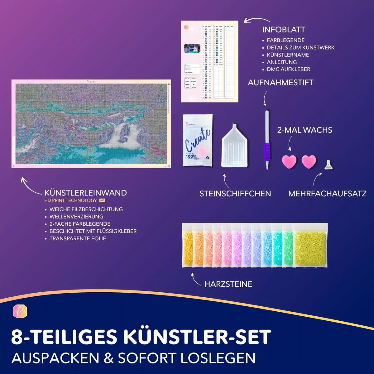 Diamond Painting Set Wasserfall XXL mit Leinwand, bunten Harzsteinen, Stift, Wachs und Zubehör für DIY-Kunstwerke