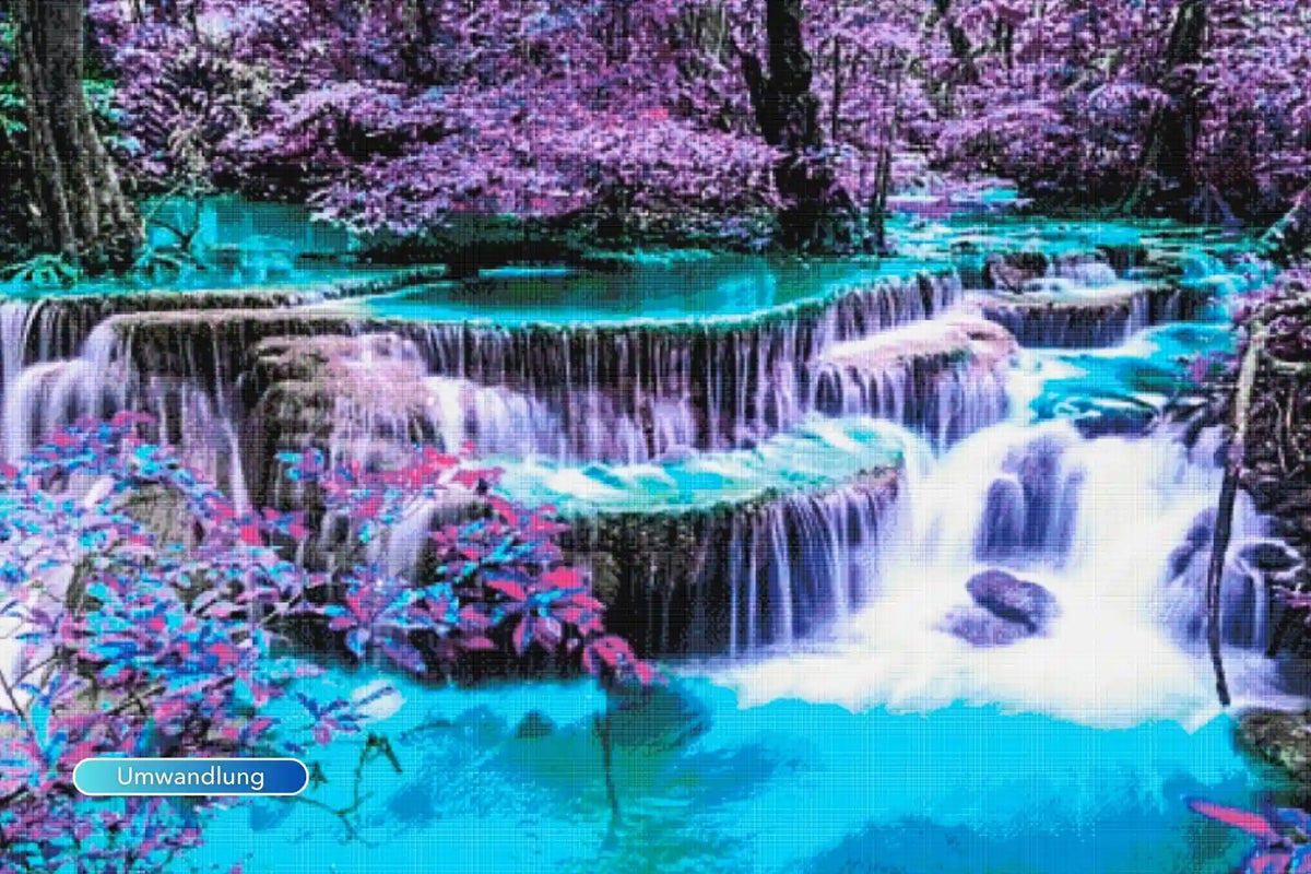 Diamond Painting XXL Wasserfall Landschaft mit bunten Bäumen und türkisem Wasser als entspannendes DIY Bastelset