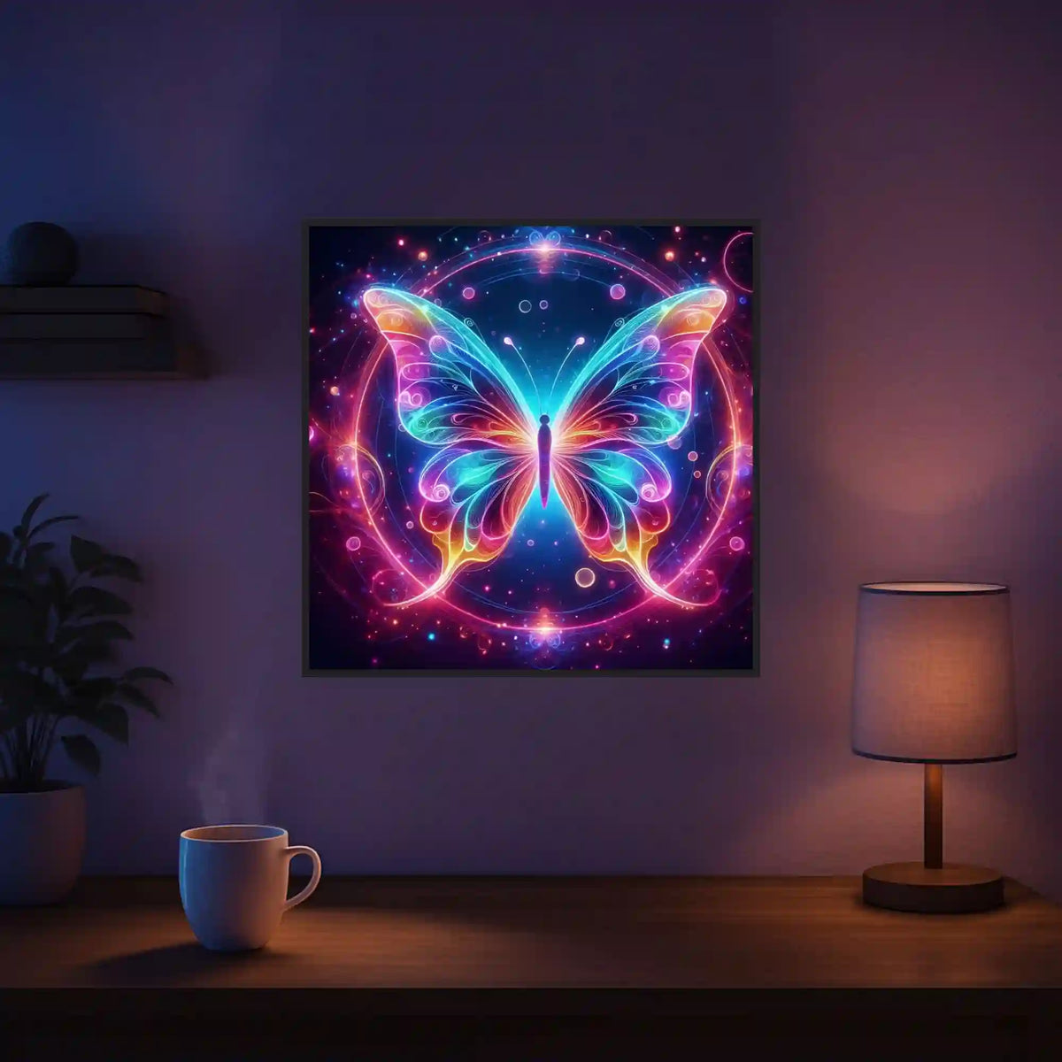 Diamond Painting Leuchtbild eines bunten Schmetterlings mit leuchtenden Steinen und magischem Fantasy-Motiv für Erwachsene