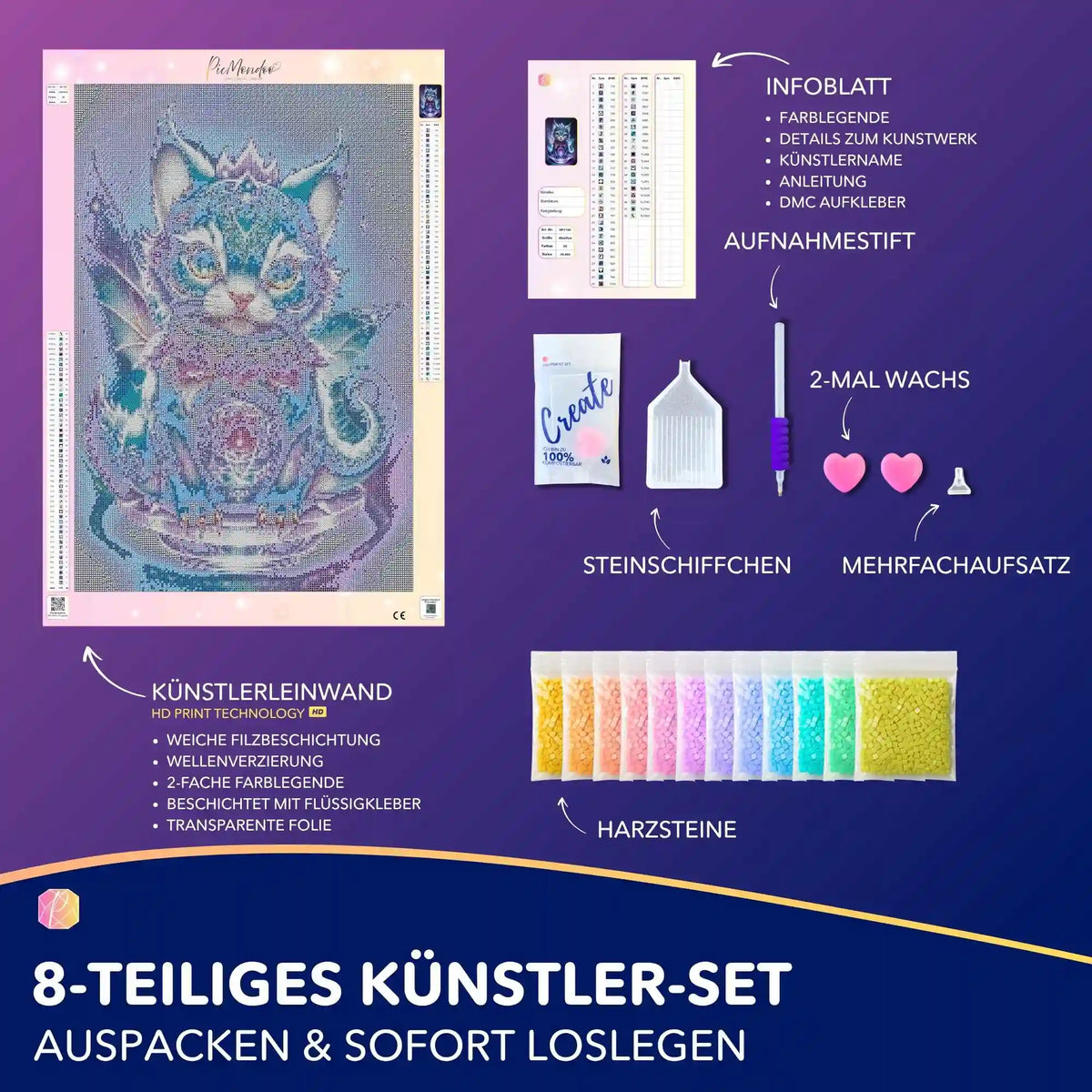 Diamond Painting Set Mystical Kitty mit leuchtenden Steinen, Leinwand, Werkzeug und farbenfrohen Harzsteinen