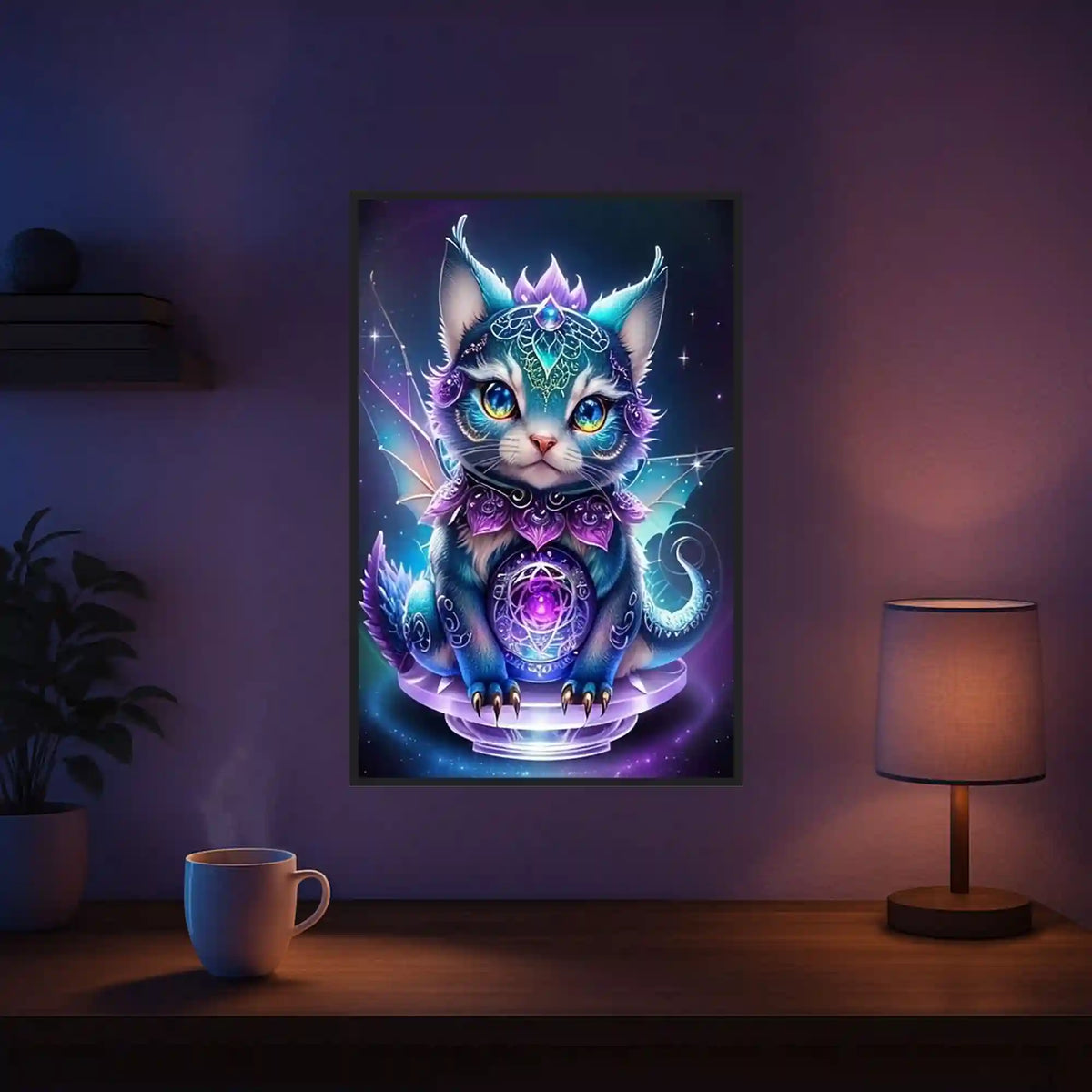 Diamond Painting Leuchtbild Mystical Kitty mit glitzernden Steinen als mystisches Katzen-Motiv in bunten Farben