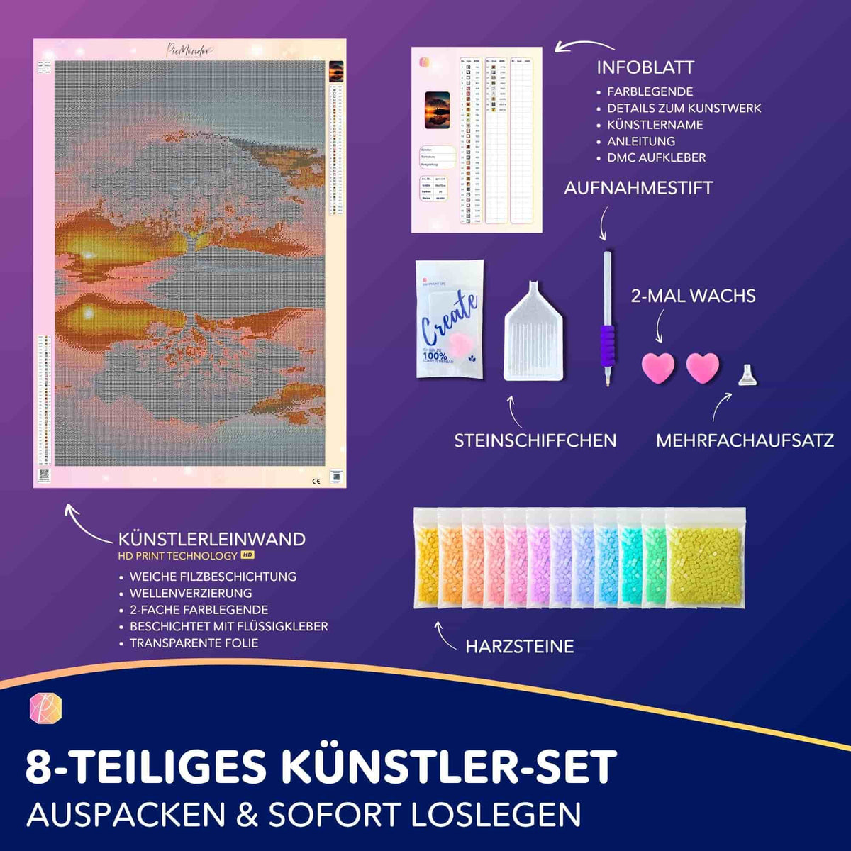 Diamond Painting Set Baum im Sonnenuntergang mit Leinwand, bunten Harzsteinen und Zubehör für kreatives Hobby
