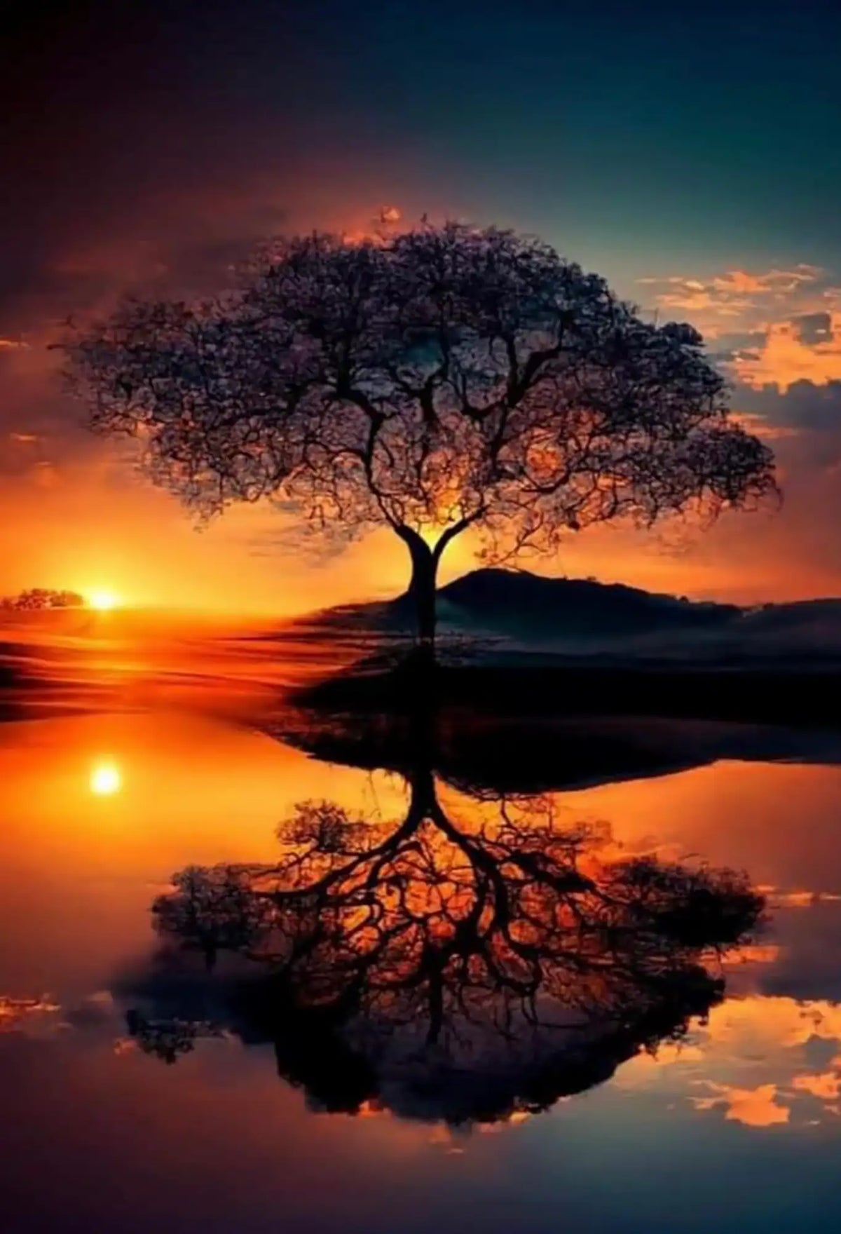 Diamond Painting Set Baum im Sonnenuntergang mit spiegelndem Wasser – meditatives Natur-Motiv für DIY-Kunstfans