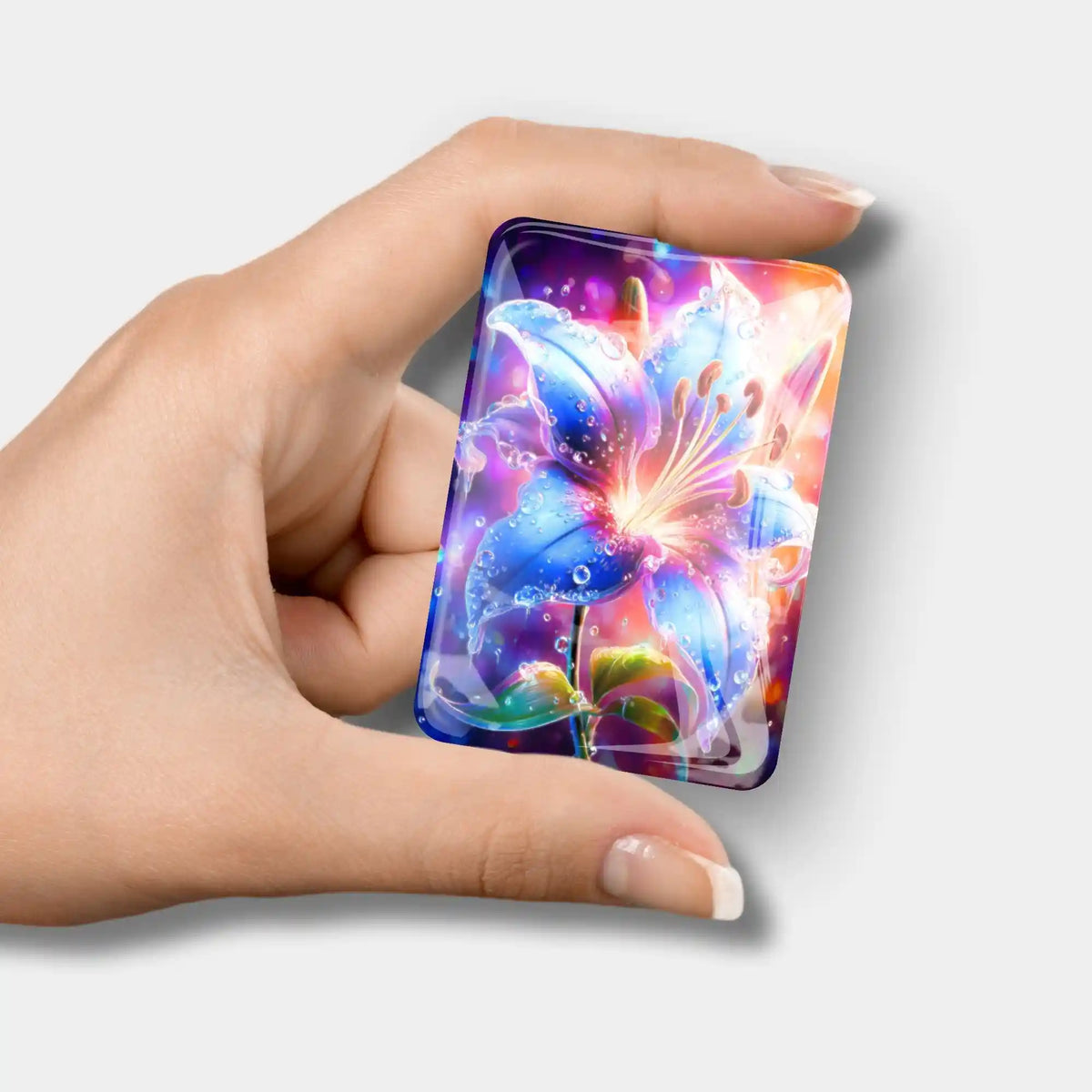 Magischer Cover Minder Regenlied aus Glas mit blauer Blumen-Grafik als praktisches Zubehör für dein Diamond Painting Set