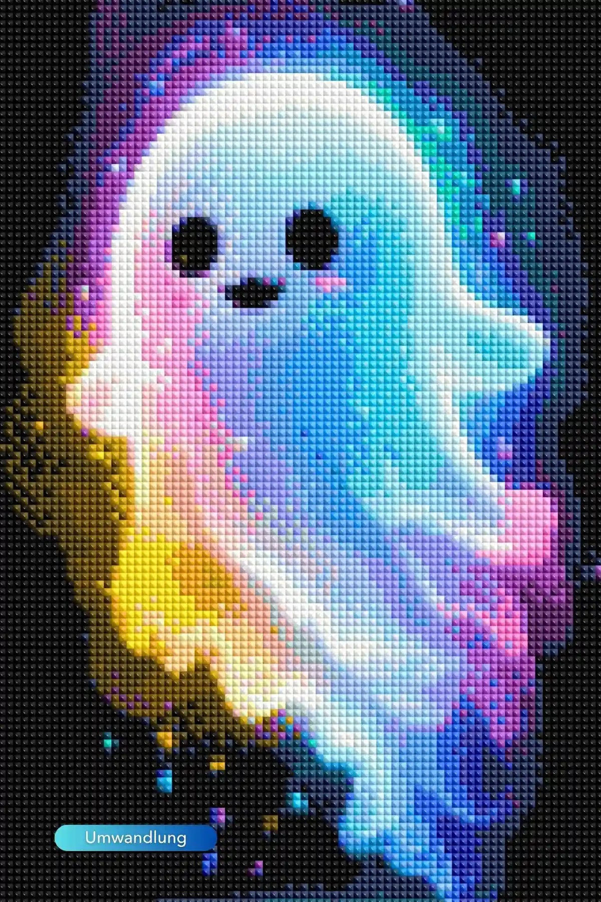 Diamond Painting Leuchtbild eines süßen Gespensts mit bunten, leuchtenden Steinen vor schwarzem Hintergrund.