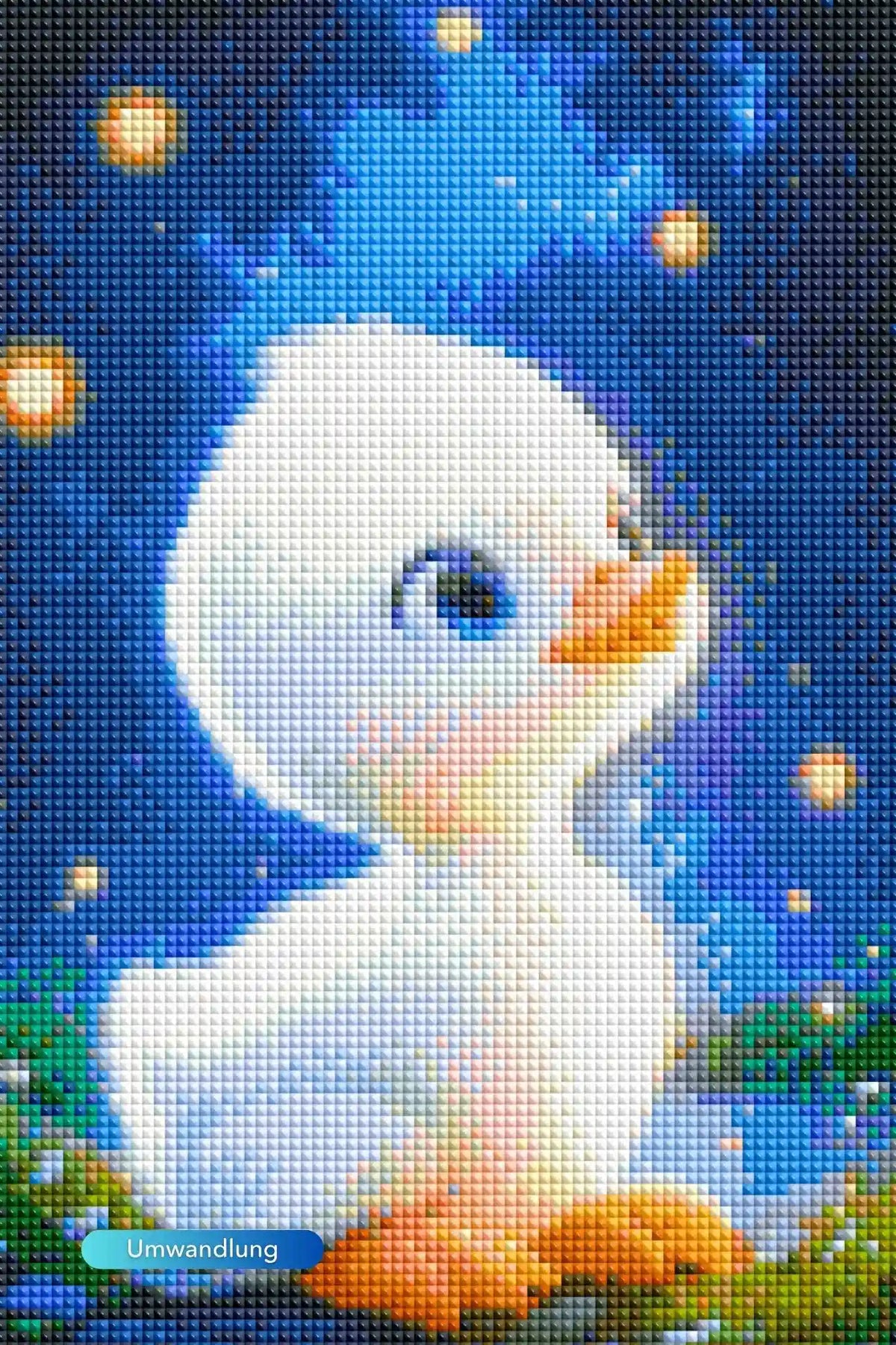 Diamond Painting Set Glitzer Entlein: Niedliches Enten-Motiv vor nächtlichem Sternenhimmel mit leuchtenden Steinen.