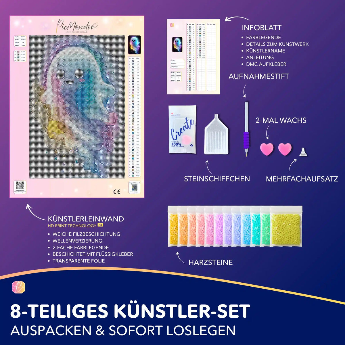 Diamond Painting Set Kleines Gespenst als Leuchtbild mit Leinwand, bunten Harzsteinen und Zubehör für DIY Kunstprojekte