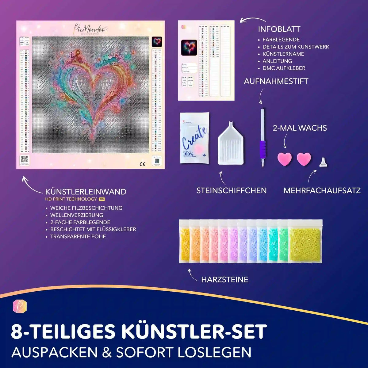 Diamond Painting Set Herzflimmern mit 30x30cm Leinwand, buntem Herz-Motiv, leuchtenden Diamantsteinen und Zubehör.