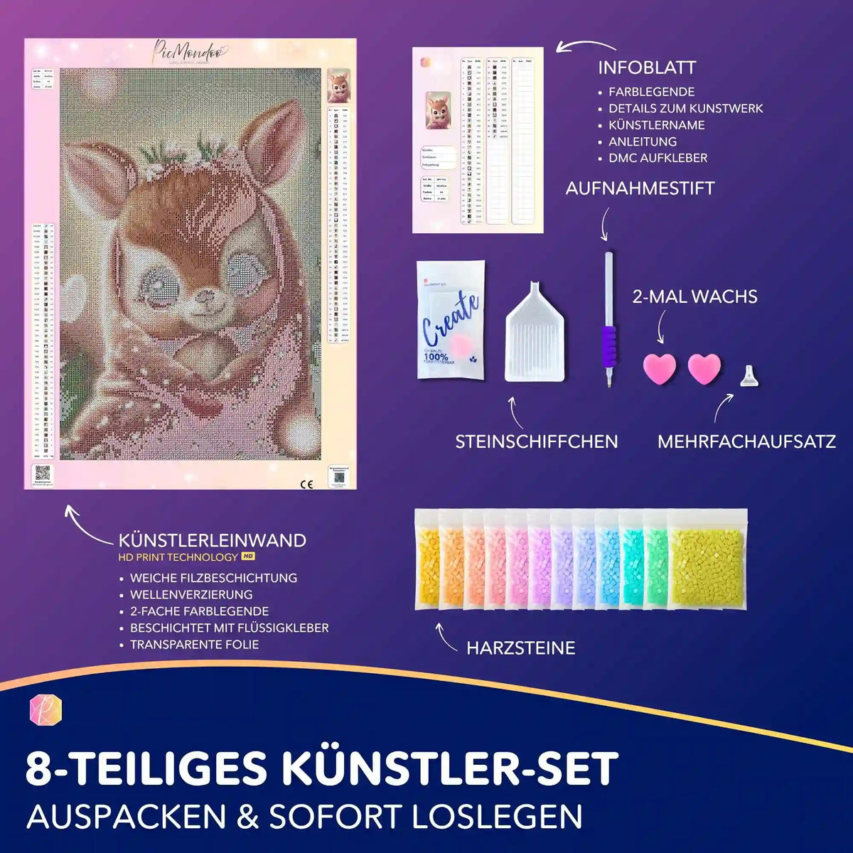 Diamond Painting Set Süßes Rehkitz mit Leinwand, bunten Harzsteinen und Werkzeug für kreatives DIY-Basteln