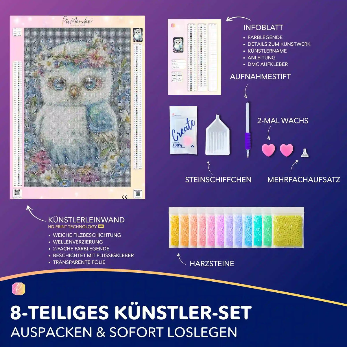 Diamond Painting Set Eule im Blumenmeer mit Zubehör wie Harzsteinen, Leinwand, Stift und Steinschiffchen für DIY Kunst.