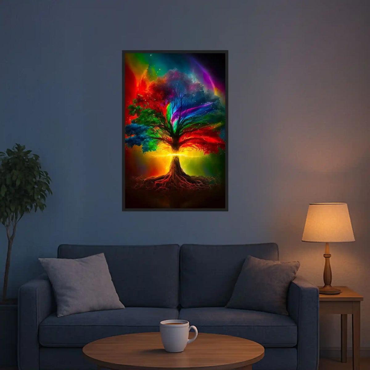 Diamond Painting Leuchtbild Lebensbaum der Tausend Farben als bunte Fantasy Wanddekoration über einem modernen Sofa
