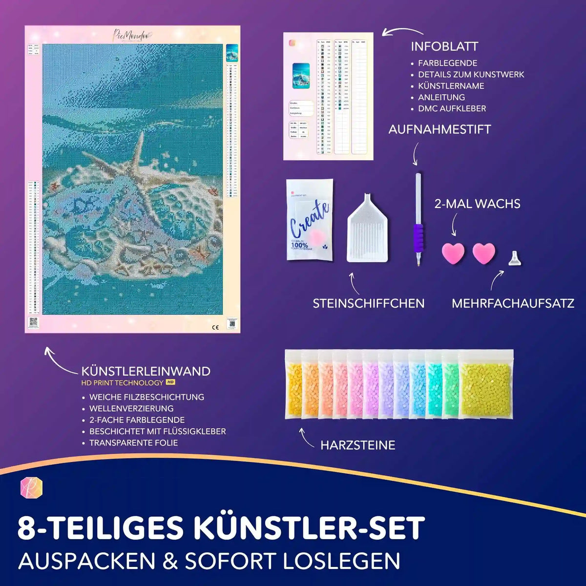 Diamond Painting Set Blaue Meeressymphonie mit Seestern, Leinwand, bunten Harzsteinen und Zubehör für DIY-Kunstwerke.