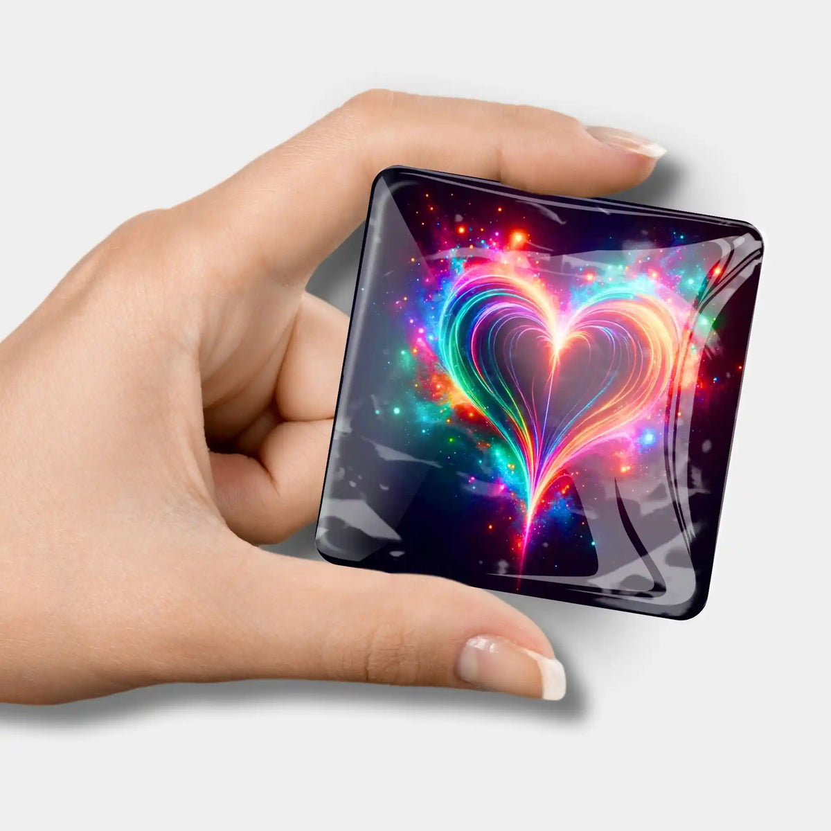 Gläserner Diamond Painting Cover Minder Herzflimmern mit buntem Herzmotiv als praktisches Zubehör für Bastelsets