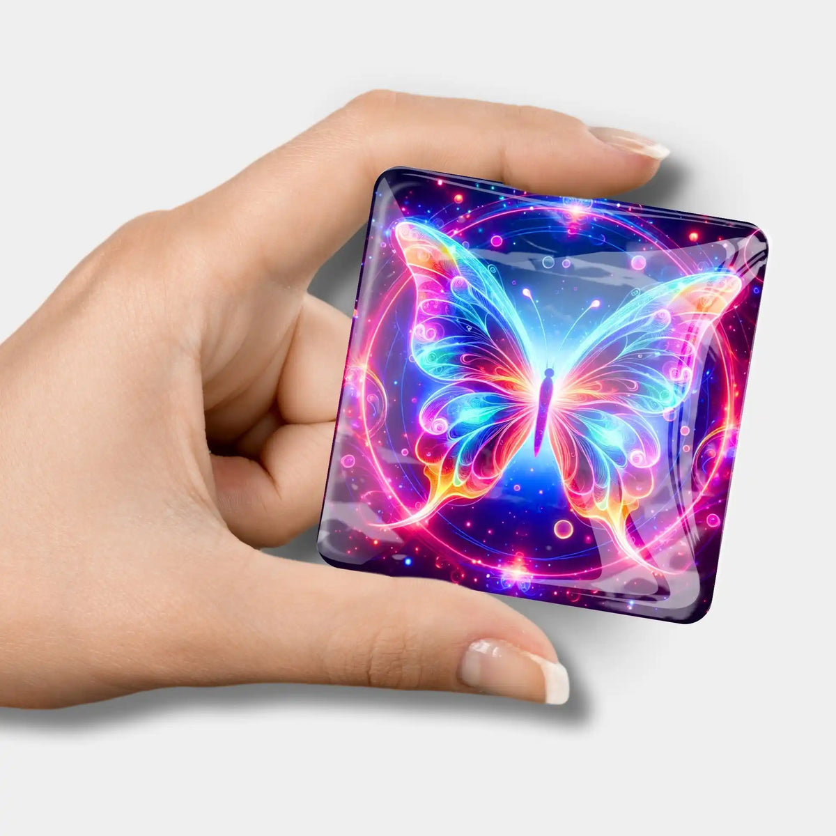 Glänzender Diamond Painting Cover Minder mit buntem Schmetterling-Motiv als magnetisches Zubehör für Bastelsets