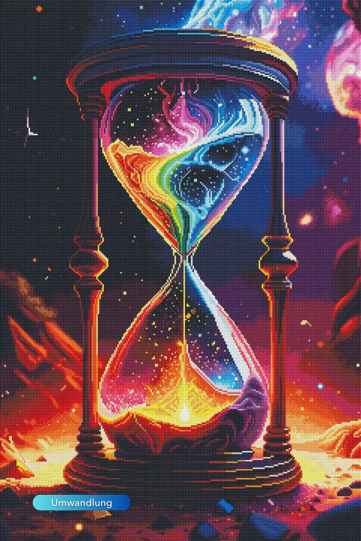 Diamond Painting Atem der Schöpfung mit bunter Sanduhr, Galaxie-Motiv und leuchtenden Farben auf hochwertiger Leinwand
