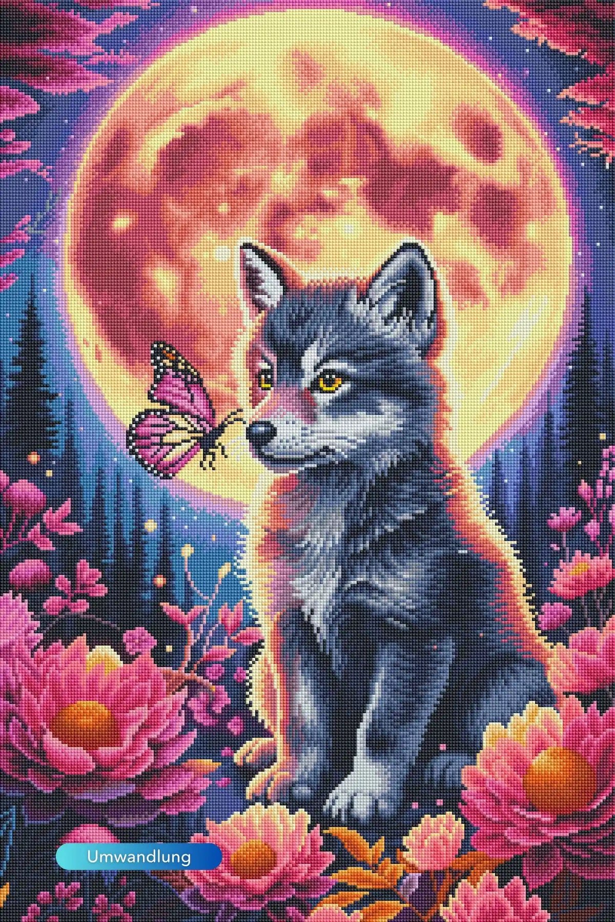 Diamond Painting Set mit magischem Wolf, rosa Blumen und Schmetterling vor einem leuchtenden Vollmond.
