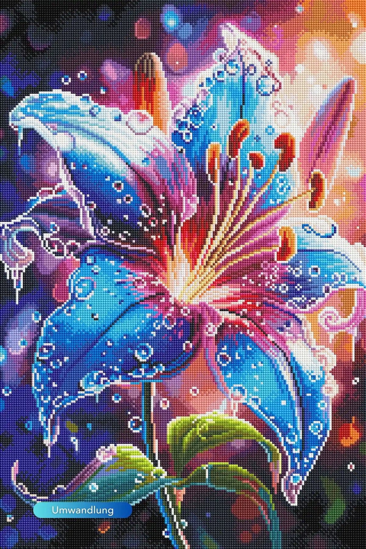 Diamond Painting Set Regenlied mit farbenfroher Lilie, Wassertropfen und funkelnden Effekten auf dem 40x60cm Blütenmotiv.