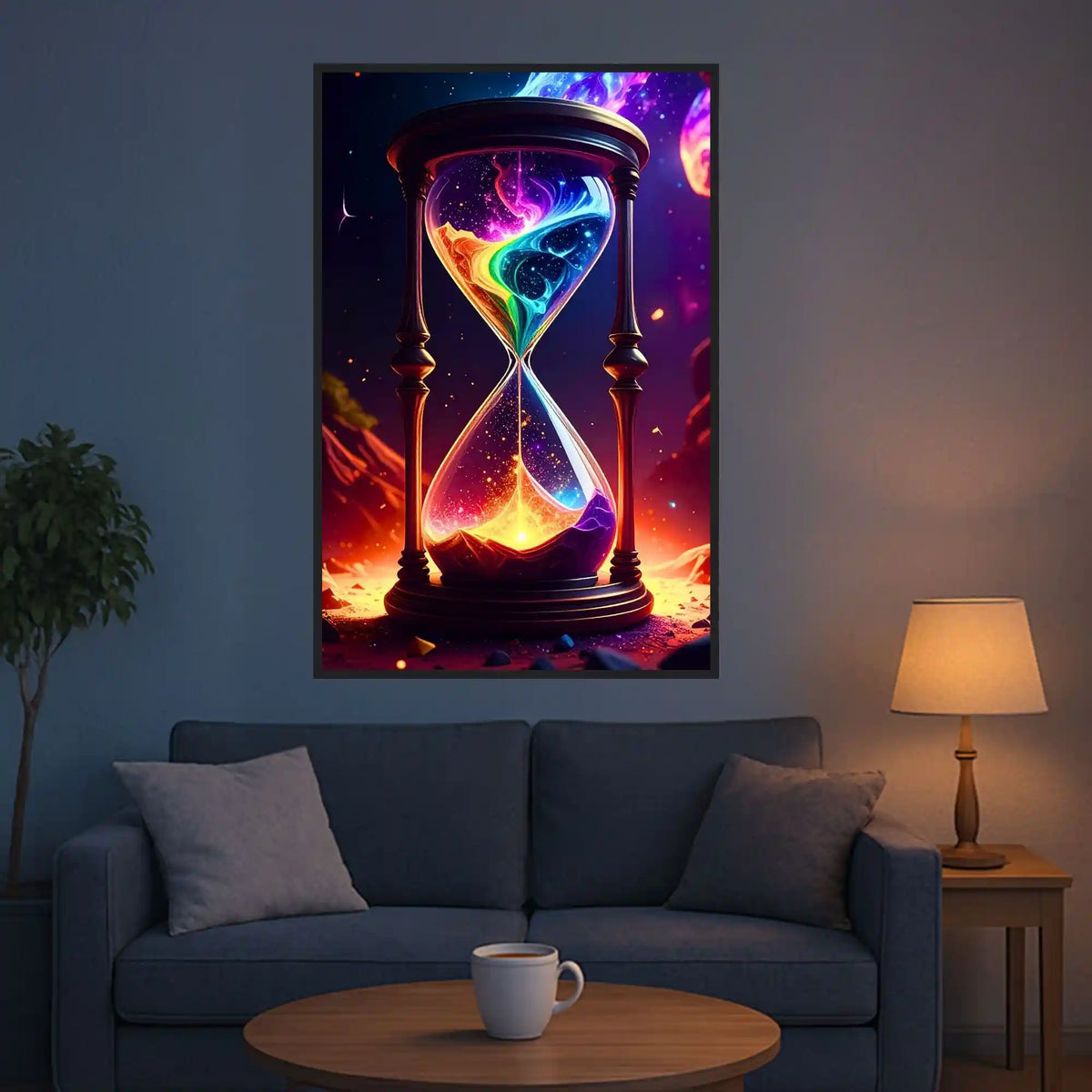 Diamond Painting Atem der Schöpfung: Bunte Sanduhr mit glitzernden Farben als magisches Universum über einem Sofa.