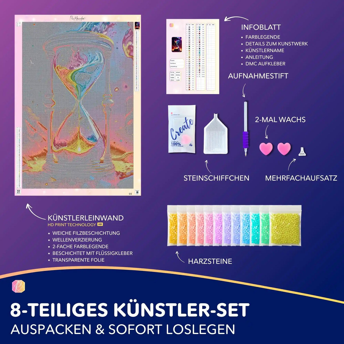 Diamond Painting Set Atem der Schöpfung: bunte Sanduhr-Leinwand mit Leinwand, Glitzersteinen und Bastelzubehör für Erwachsene
