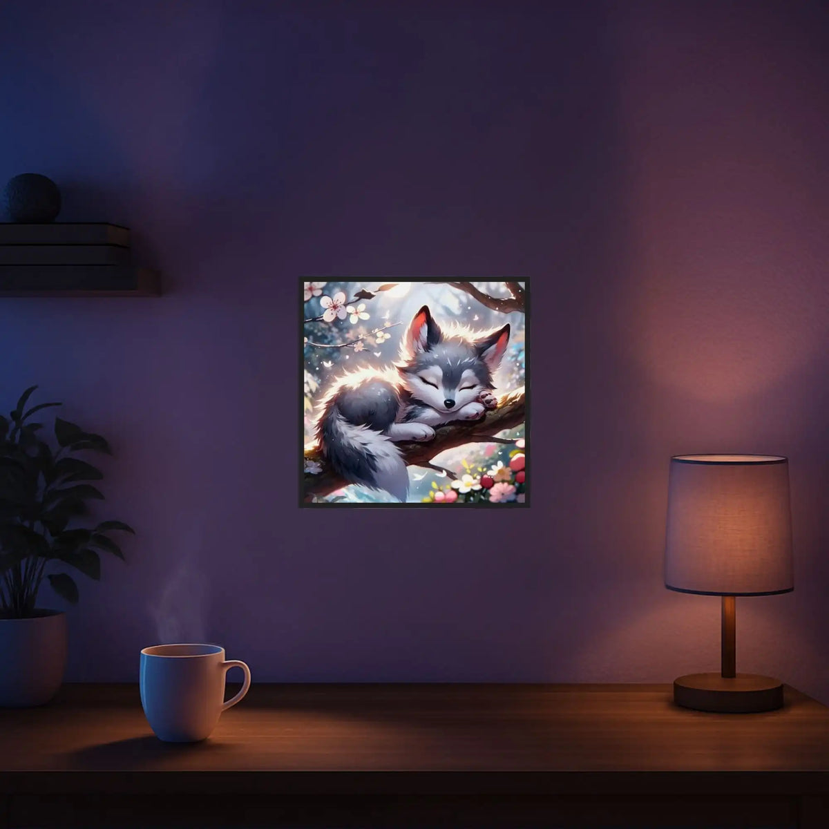 Diamond Painting Set eines schlafenden Wolfs im Kirschblütenwald, detailreiche Leinwand mit glitzernden Steinchen