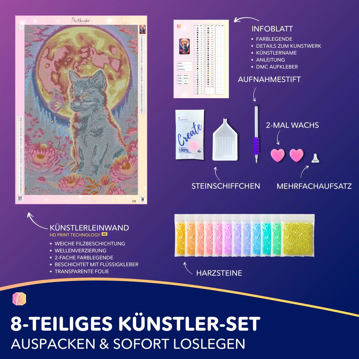 Diamond Painting Set mit Wolf-Motiv, Vollmond, rosa Blüten und Schmetterling inklusive Zubehör und bunten Glitzersteinen