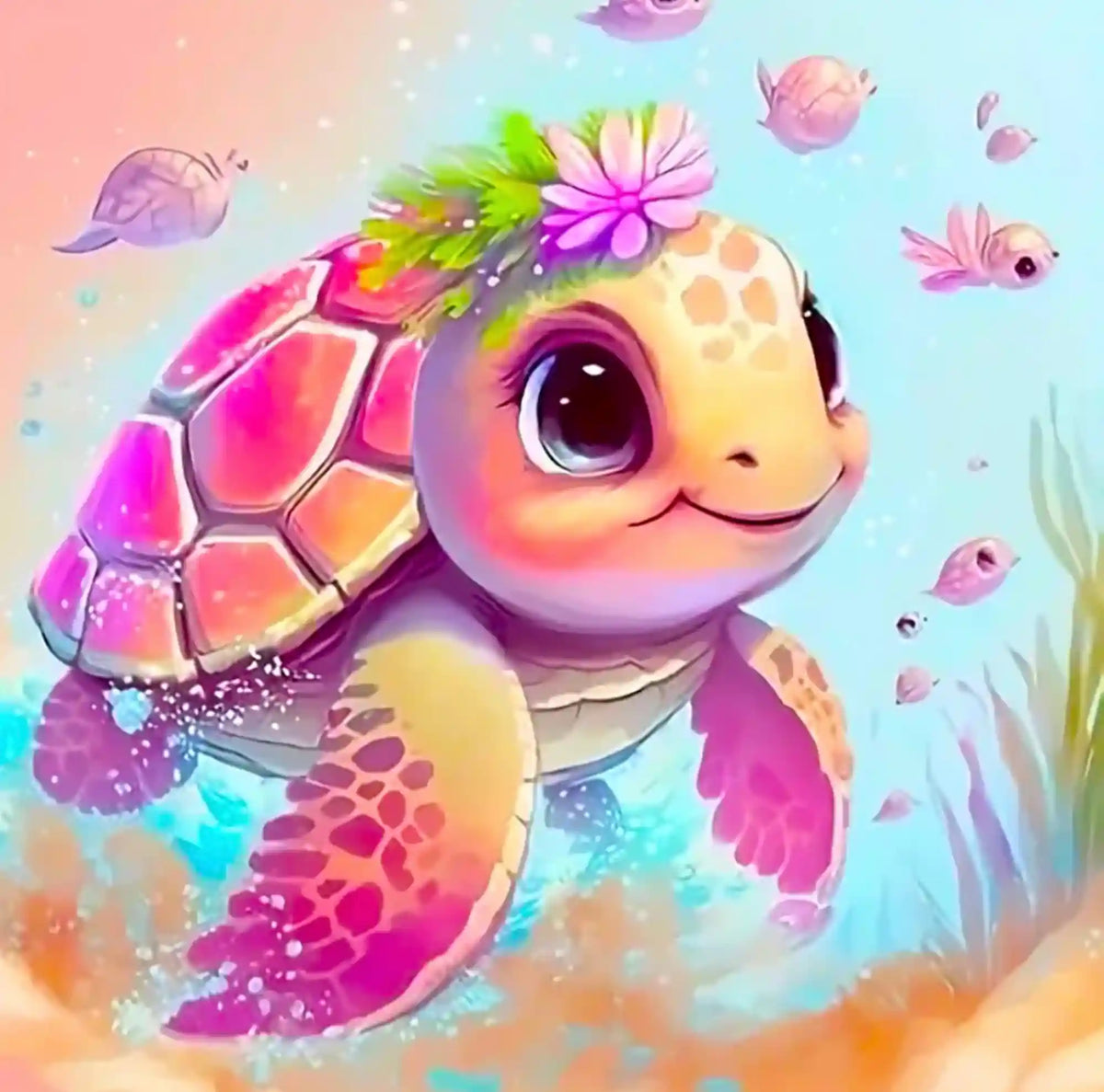 Diamond Painting Set für Kinder mit süßer Schildkröte Trudi, bunten Blumen und Fischen in einer Unterwasserwelt.