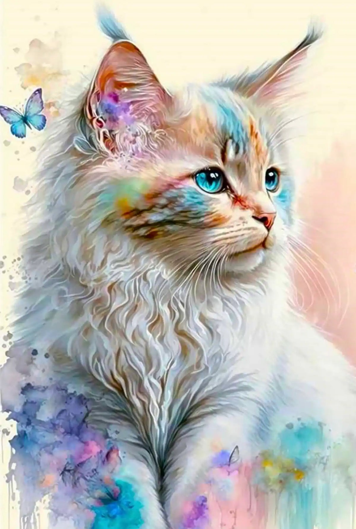 Diamond Painting Set Zartes Kätzchen mit Schmetterling in bunten Aquarellfarben auf einer 30x45cm Leinwand