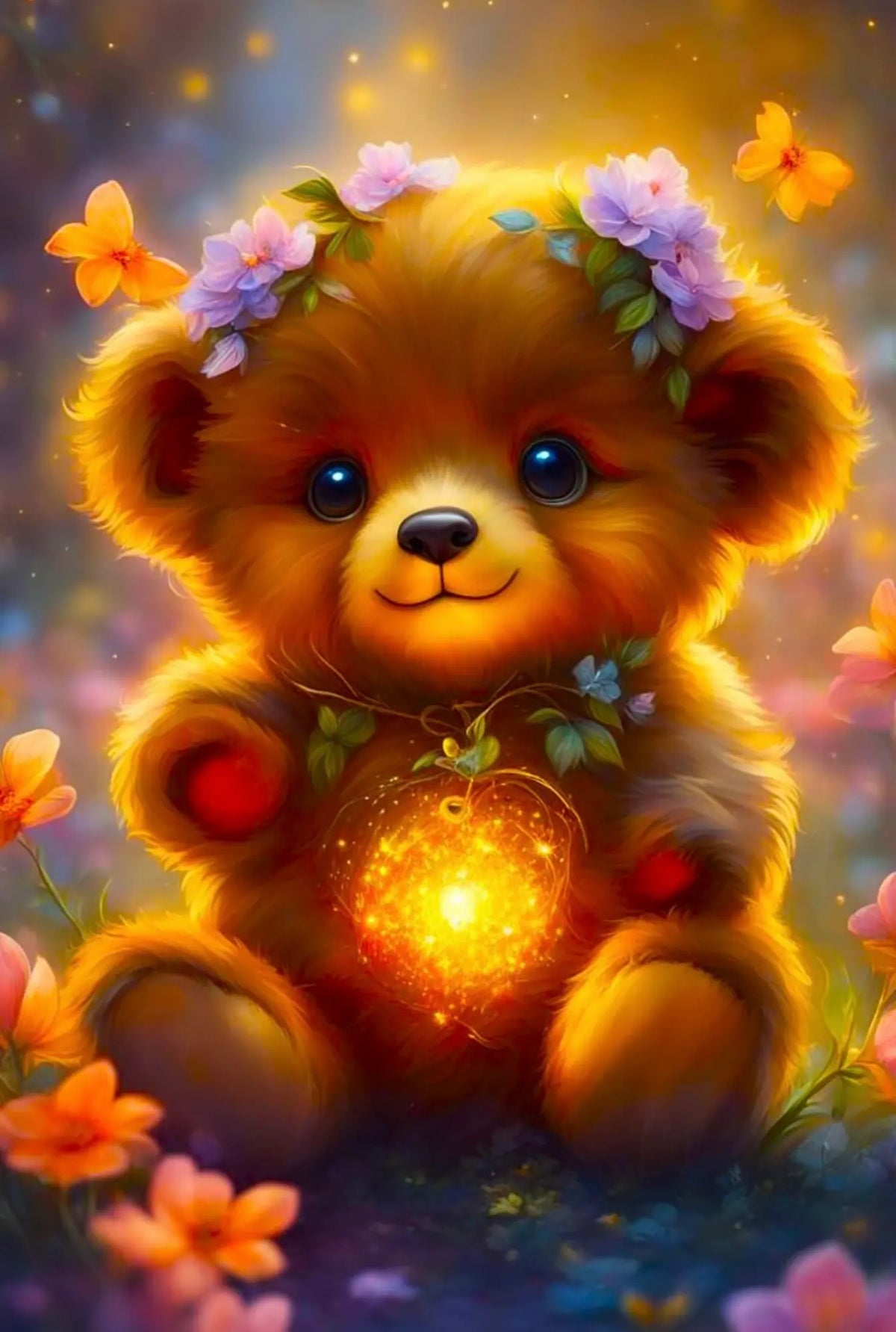 Diamond Painting Set Leuchtbär mit buntem Teddybär, Blumen und leuchtendem Herz, glitzerndes DIY-Kunstwerk