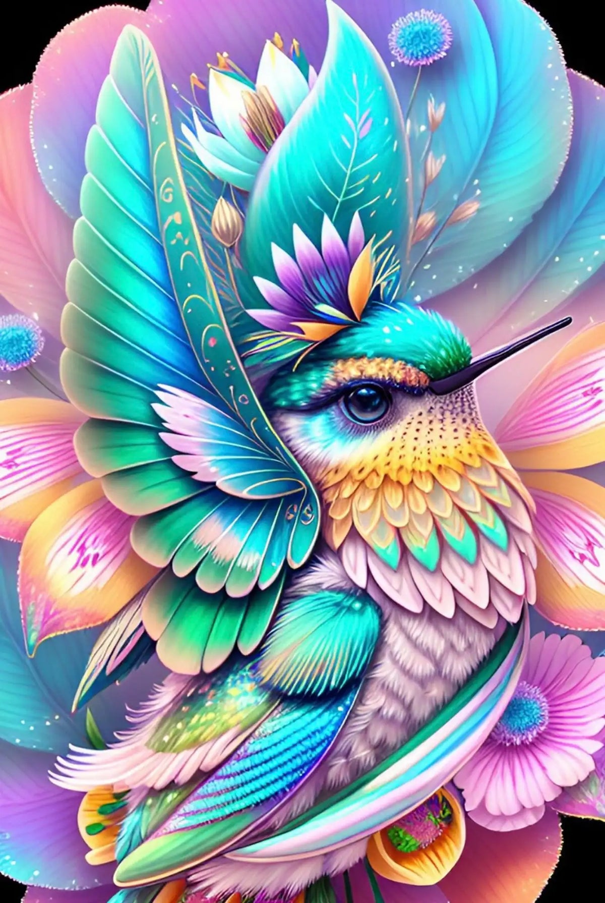 Diamond Painting Set eines bunten Kolibris in einem Blütenkelch mit leuchtenden Farben und detaillierten Blumen.