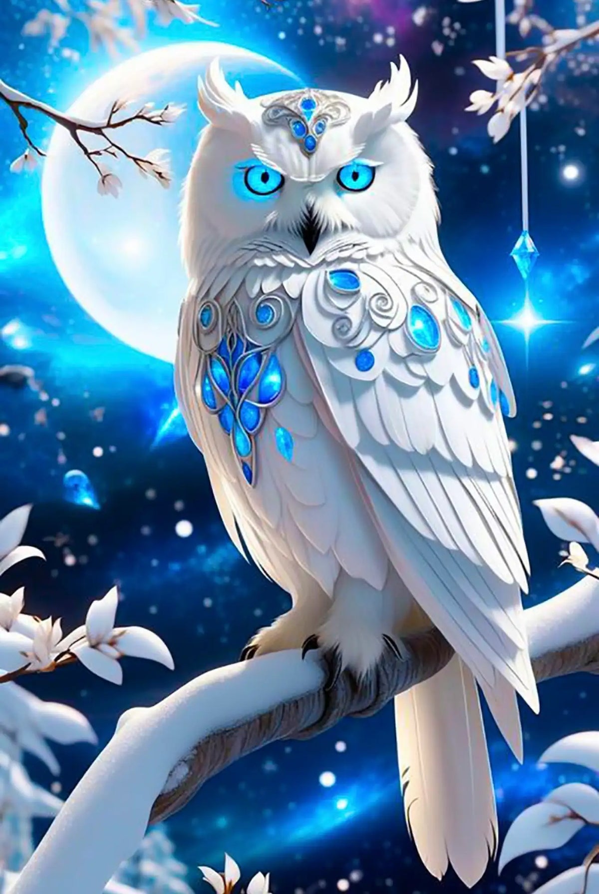 Diamond Painting Set weiße Fantasy-Eule mit leuchtend blauen Augen auf einem Ast vor Vollmond bei Nacht